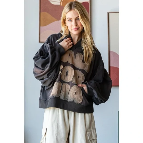 Oli & Hali Charcoal California Letter Patch Hoodie Sweatshirt - Picture 3 of 7